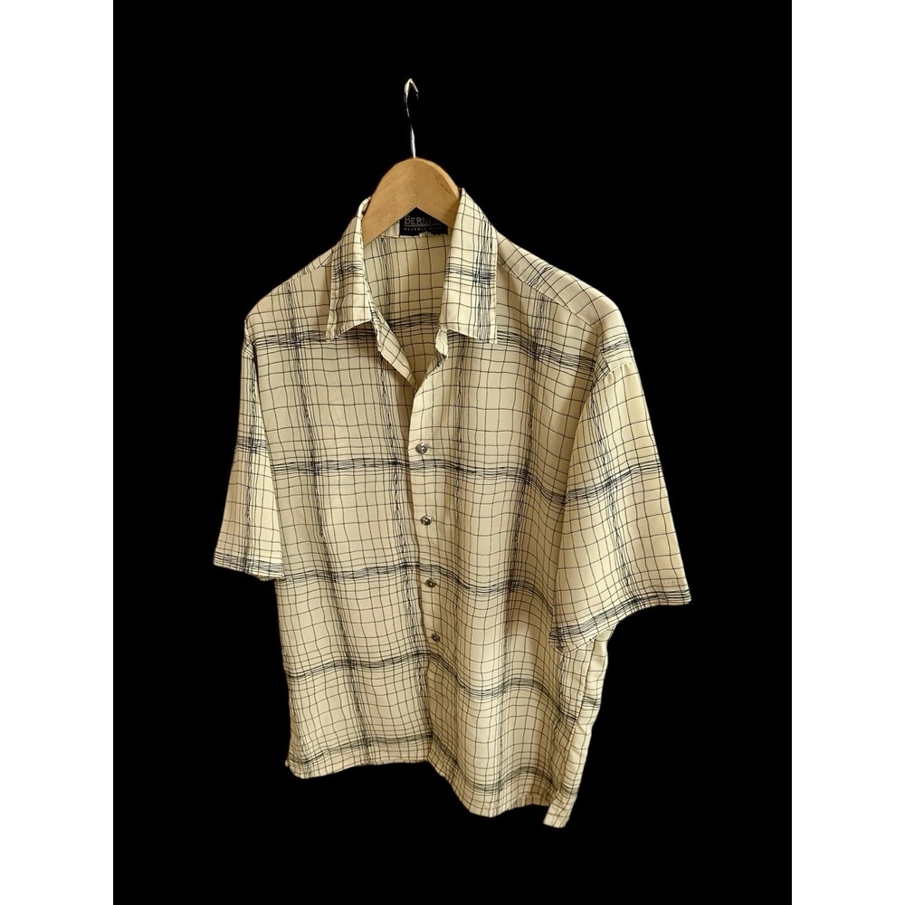BERNINI Beverly Hills Mens SS-Biege Tan Y2K Pattern Button Up Shirt Sz‎ Medium